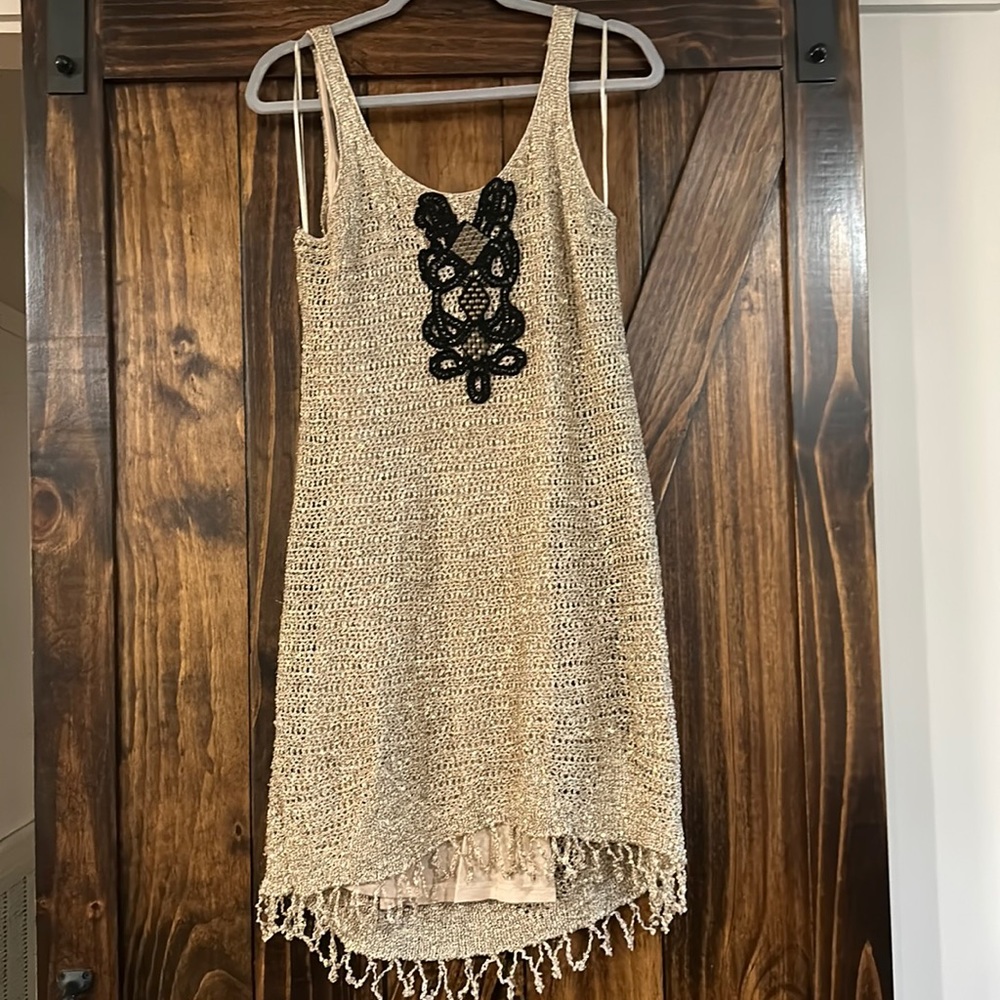 Free People Tan Crochet Dress with Black Detail